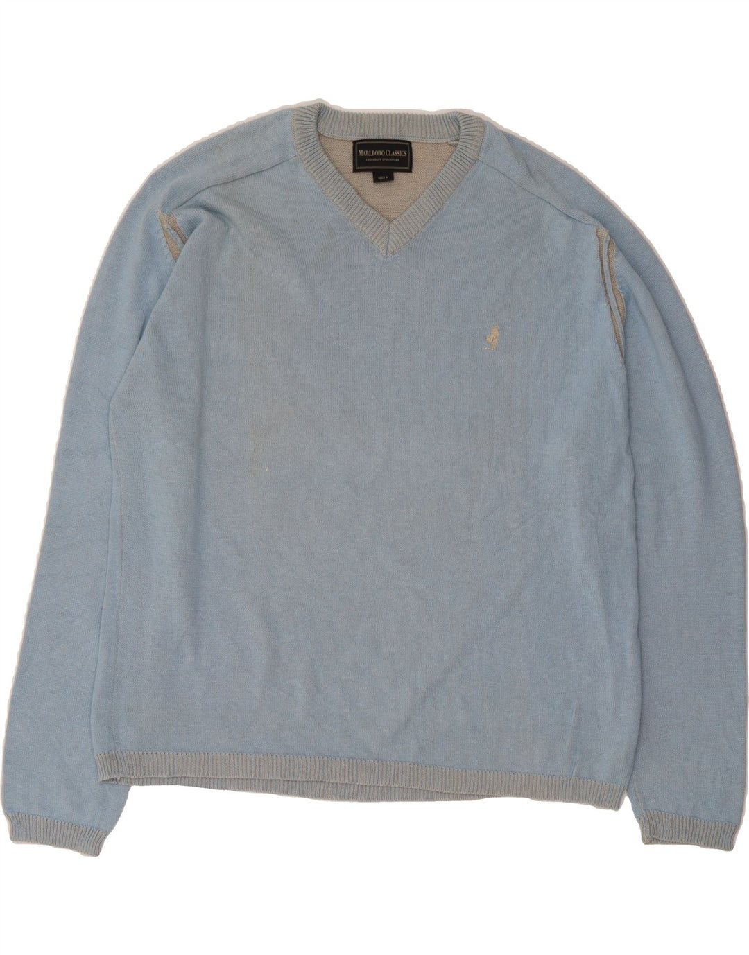 MARLBORO CLASSICS Mens V-Neck Jumper Sweater Large Blue Cotton Vintage Marlboro Classics and Second-Hand Marlboro Classics from Messina Hembry 