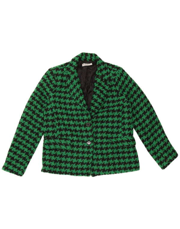 Jaqueta blazer feminina VINTAGE com 2 botões UK 18 XL verde houndstooth poliéster