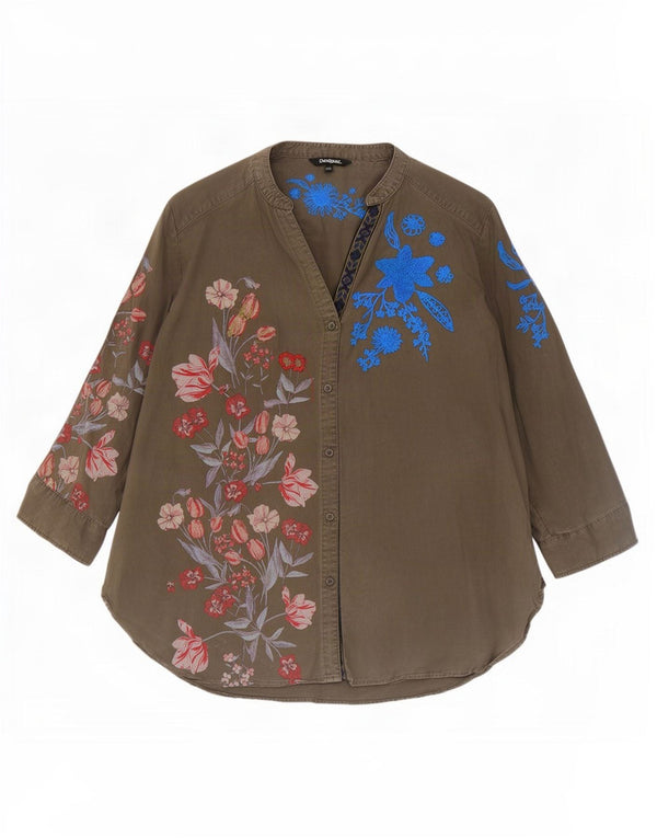 Blusa feminina de manga 3/4 Desigual Reino Unido 20 2XL cáqui floral Lyocell