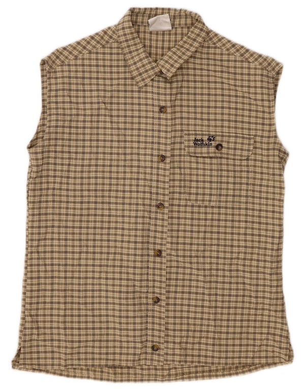 Camisa feminina sem mangas JACK WOLFSKIN Reino Unido 10 poliéster xadrez bege pequeno