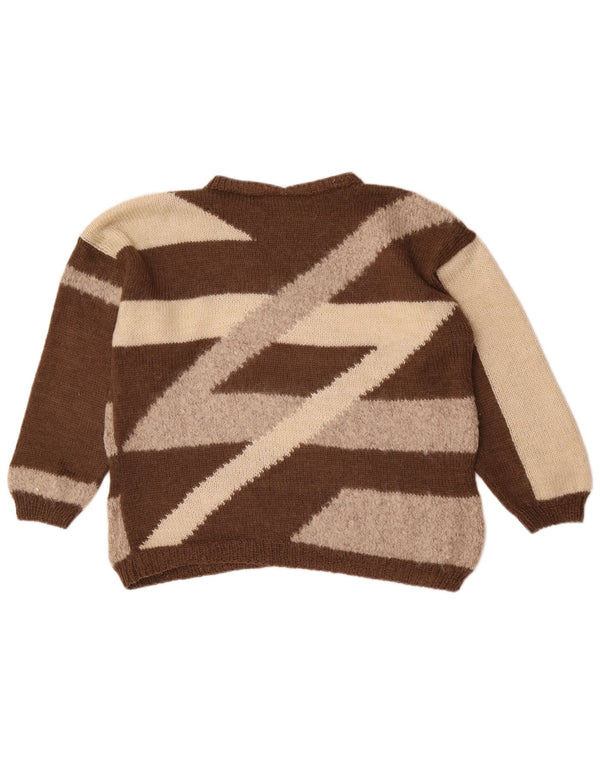 Suéter feminino vintage com gola redonda Reino Unido 16 grande bloco colorido marrom