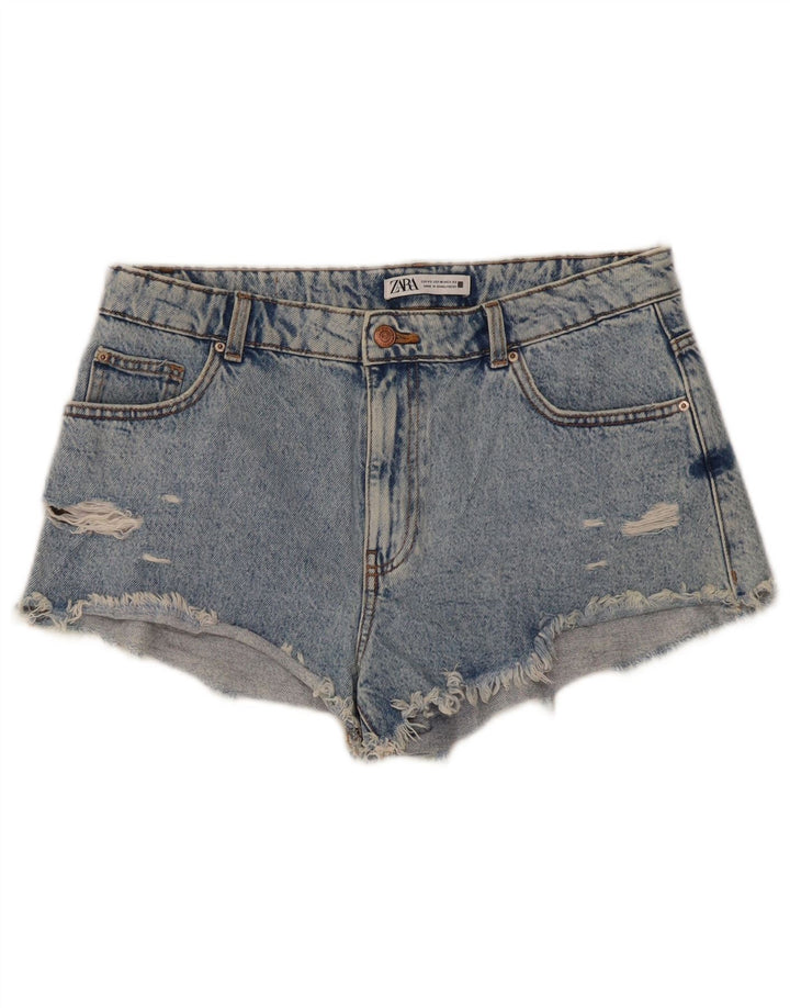 Zara Shorts jeans feminino desgastado UE 42 grande W32 azul