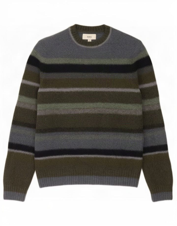 Suéter masculino Marks & Spencer com gola redonda listrado cáqui médio
