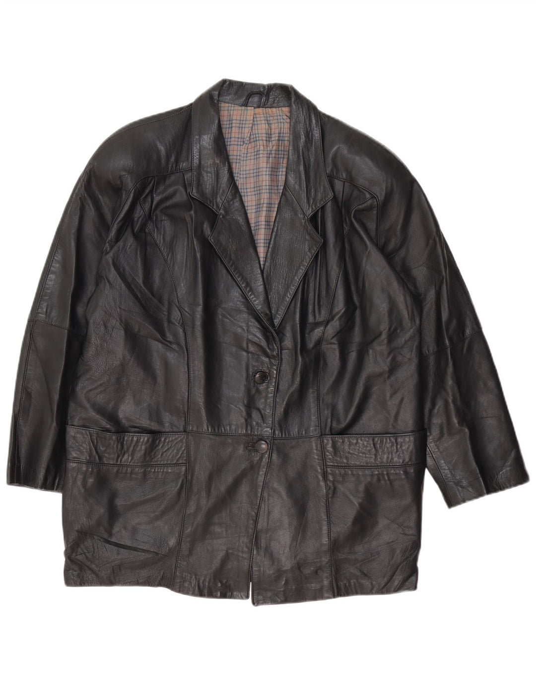Casaco de couro feminino vintage solto EU 46 XL couro preto