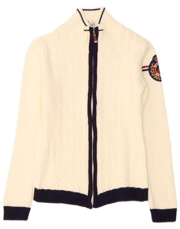 Suéter Cardigan Feminino Vintage Reino Unido 6 XS Branco Colorblock Acrílico