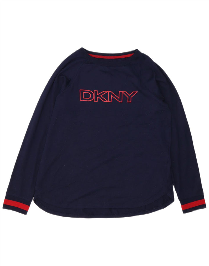 DKNY Top gráfico feminino manga comprida UK 14 poliéster azul marinho médio