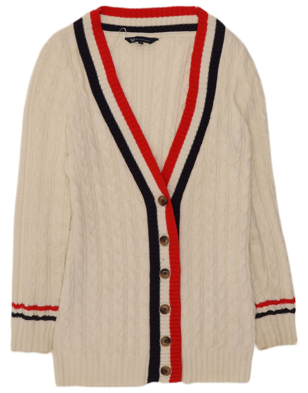 Suéter cardigã feminino Crew Clothing UK 12 algodão listrado branco médio