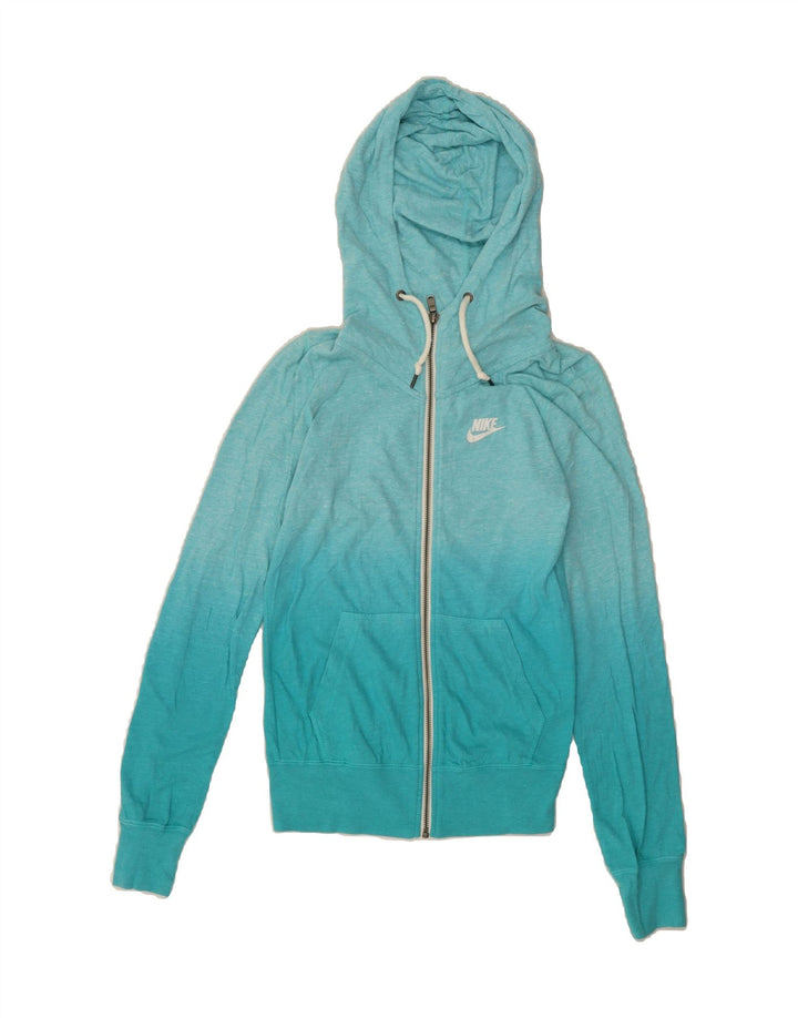 NIKE Womens Zip Hoodie Sweater UK 6 XS Blue Colourblock Cotton Vintage Nike and Second-Hand Nike from Messina Hembry 
