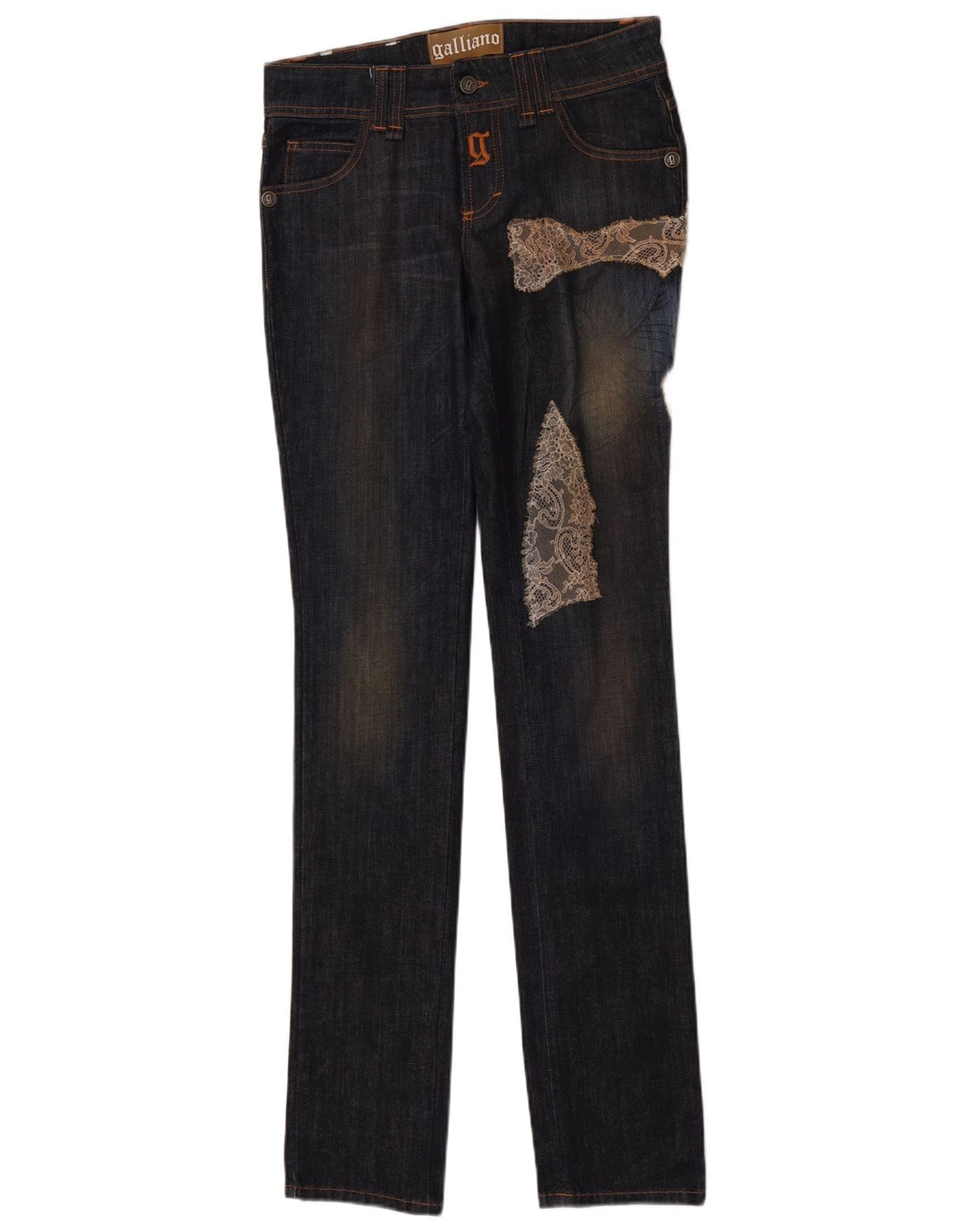 Galliano Calça jeans feminina slim W27 L36 azul marinho algodão designer