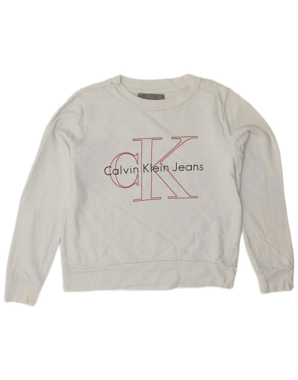 CALVIN KLEIN JEANS Suéter feminino com estampa gráfica cropped UK 6 XS branco