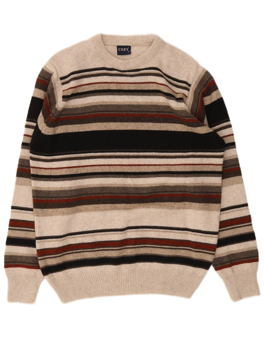 Suéter vintage masculino com gola redonda listrado médio multicolorido
