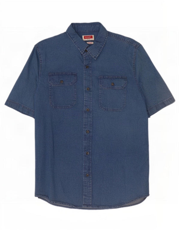 Camisa jeans Wrangler masculina de manga curta azul médio algodão