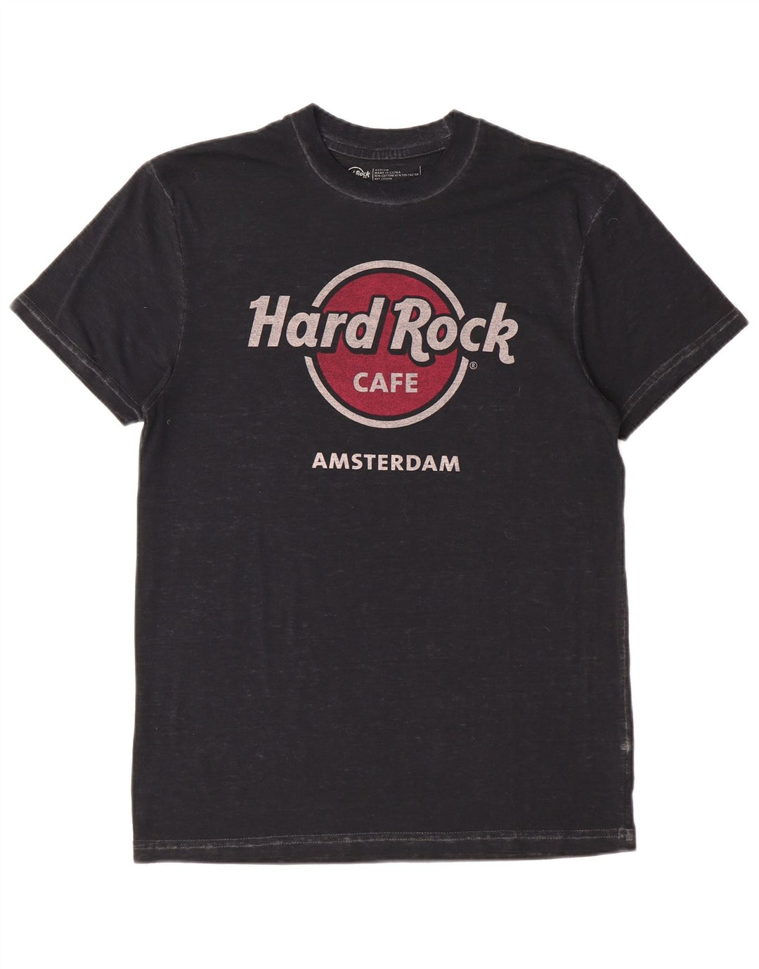 Camiseta masculina Hard Rock Cafe Amsterdam com estampa gráfica de algodão preto médio