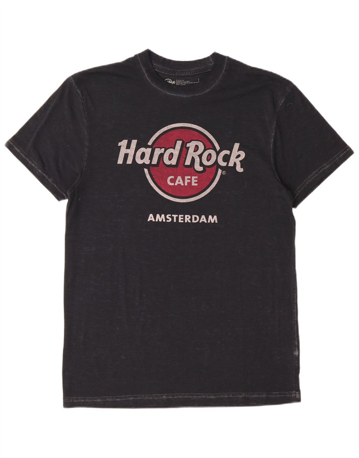 Camiseta masculina Hard Rock Cafe Amsterdam com estampa gráfica de algodão preto médio