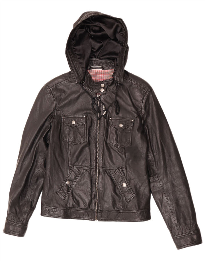 Jaqueta de couro com capuz feminina Street One UK 14 couro preto médio