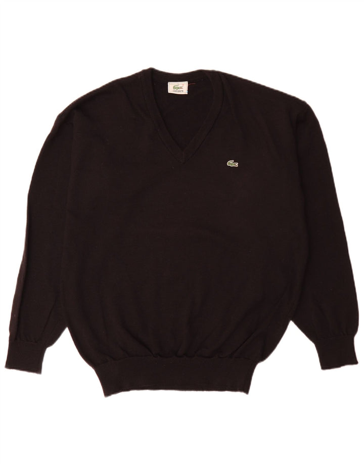 Suéter masculino Lacoste com decote em V tamanho 5 grande preto de lã nova