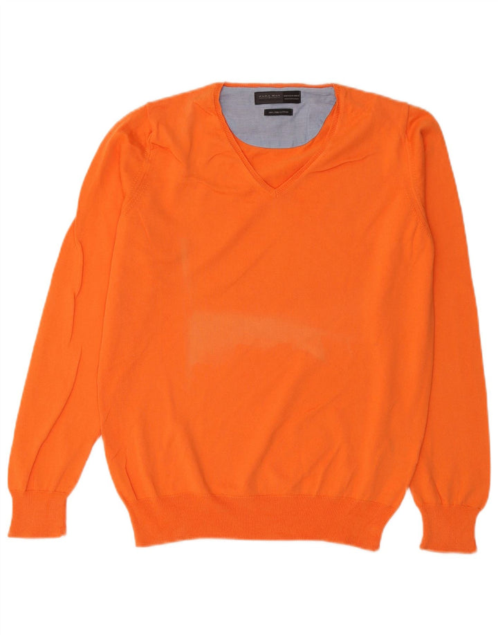 Zara Suéter masculino com gola V e algodão laranja médio
