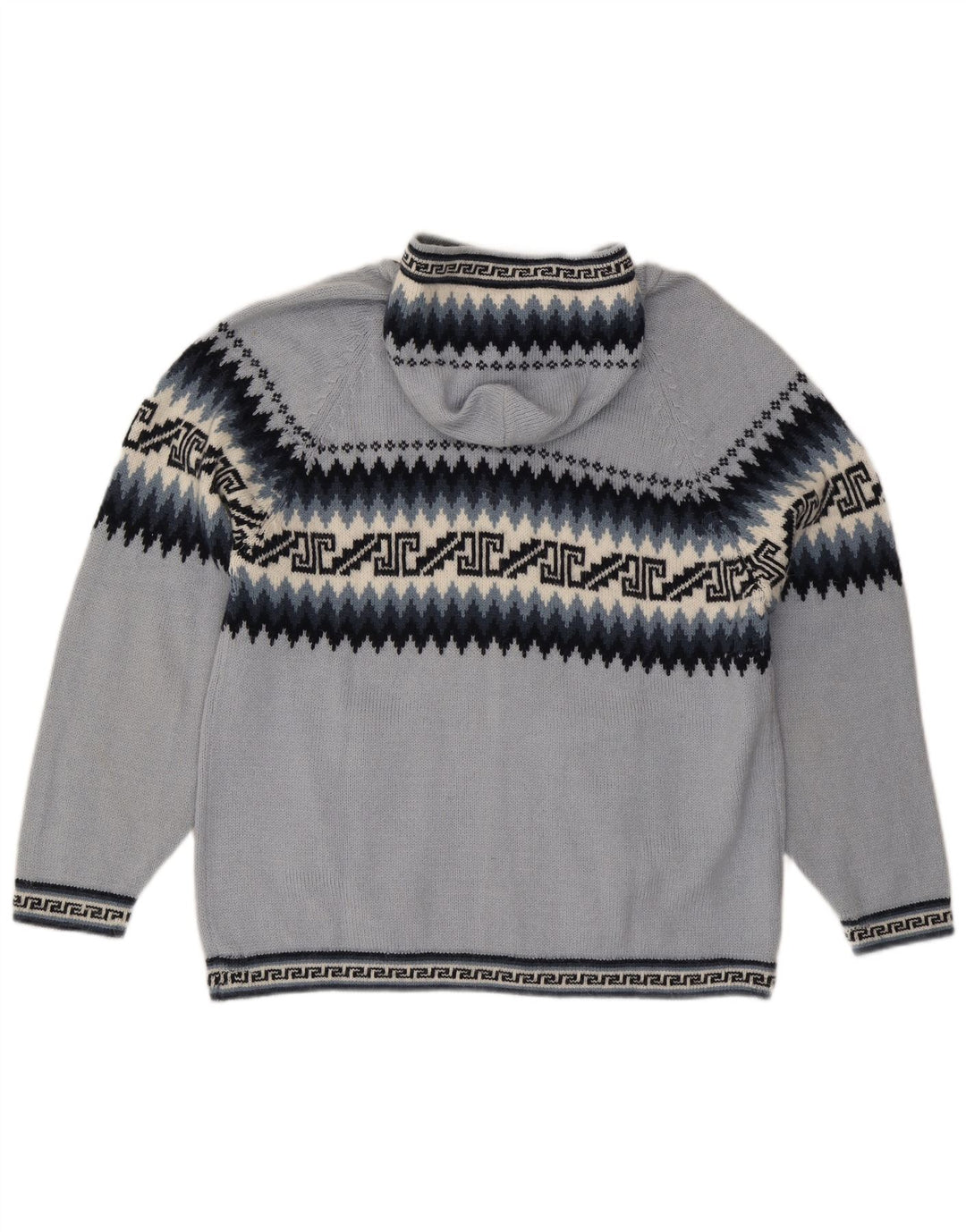 Suéter cardigã feminino com capuz UK 16 grande azul geométrico