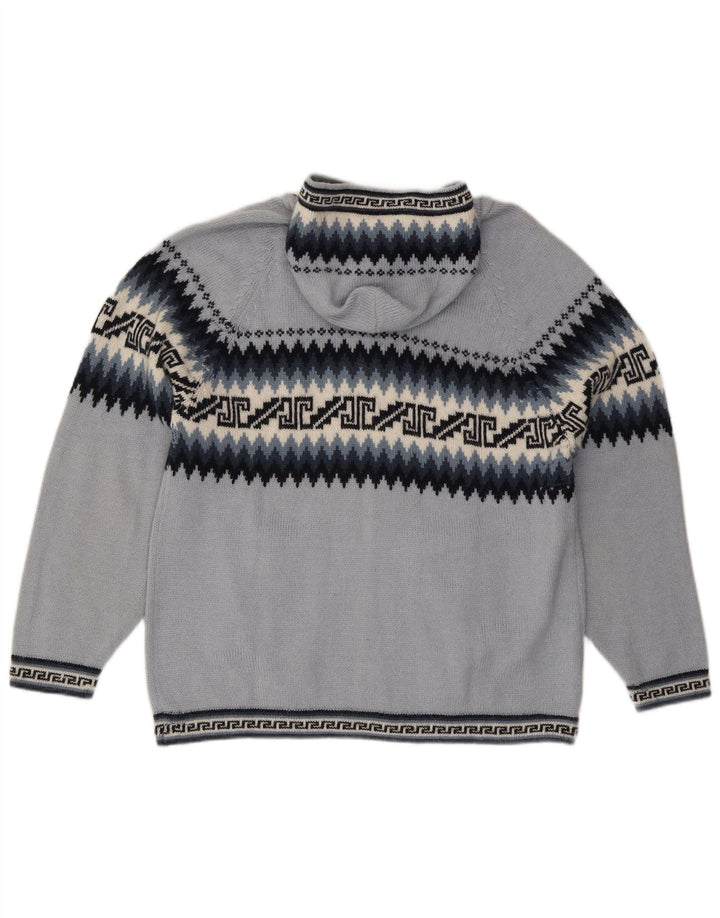 Suéter cardigã feminino com capuz UK 16 grande azul geométrico