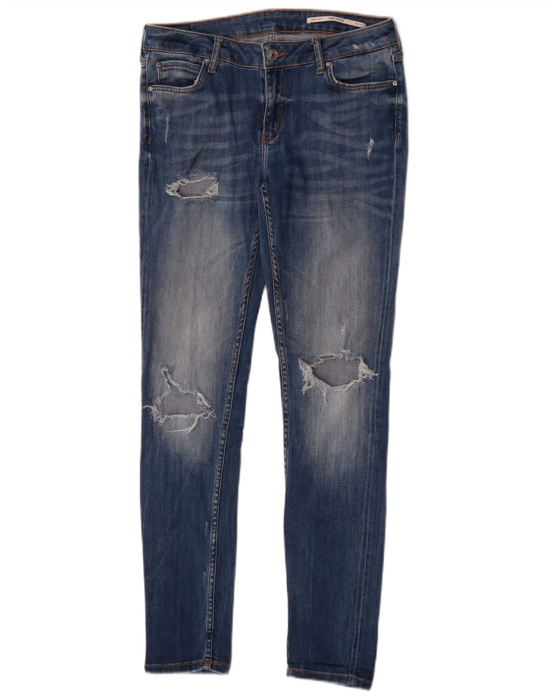 Zara Calça jeans feminina de cintura média desgastada EU 40 médio W30 L30 azul algodão