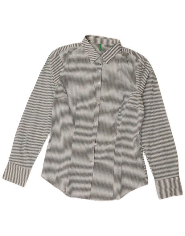 Camisa feminina Benetton UK 10 algodão listrado azul pequeno