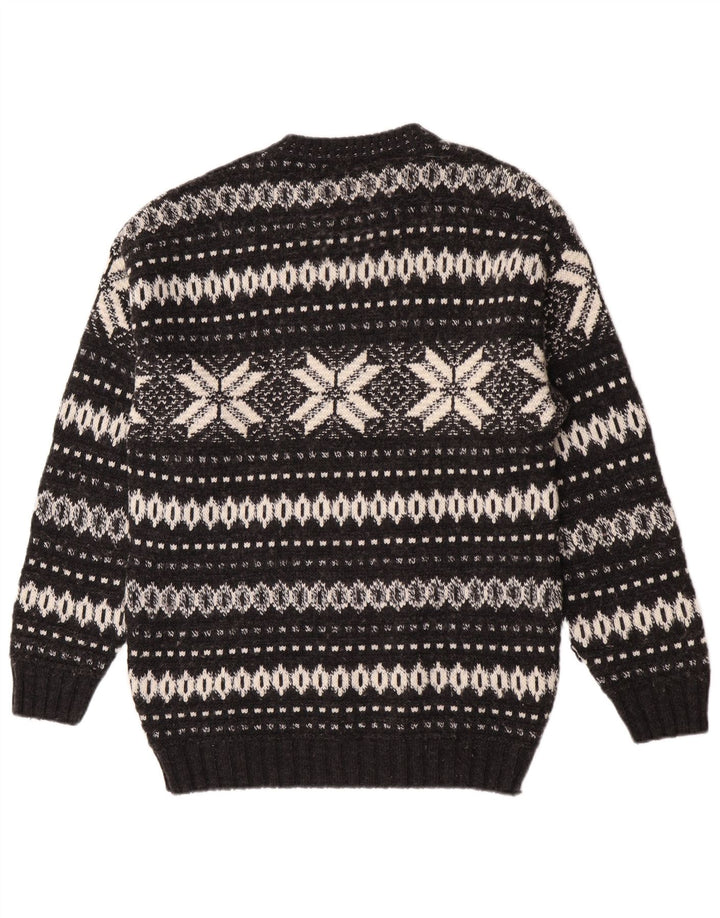 Suéter masculino vintage com gola redonda grande preto Fair Isle
