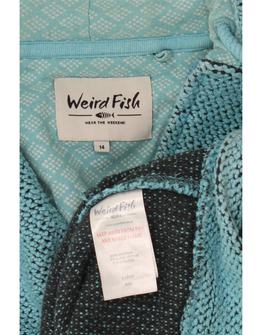 Suéter feminino com capuz e zíper estranho Fish Reino Unido 14 grande algodão turquesa