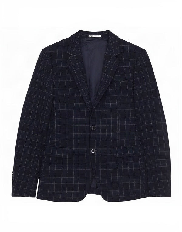 Jaqueta blazer masculina Zara com 2 botões EU 46 poliéster xadrez azul marinho pequeno