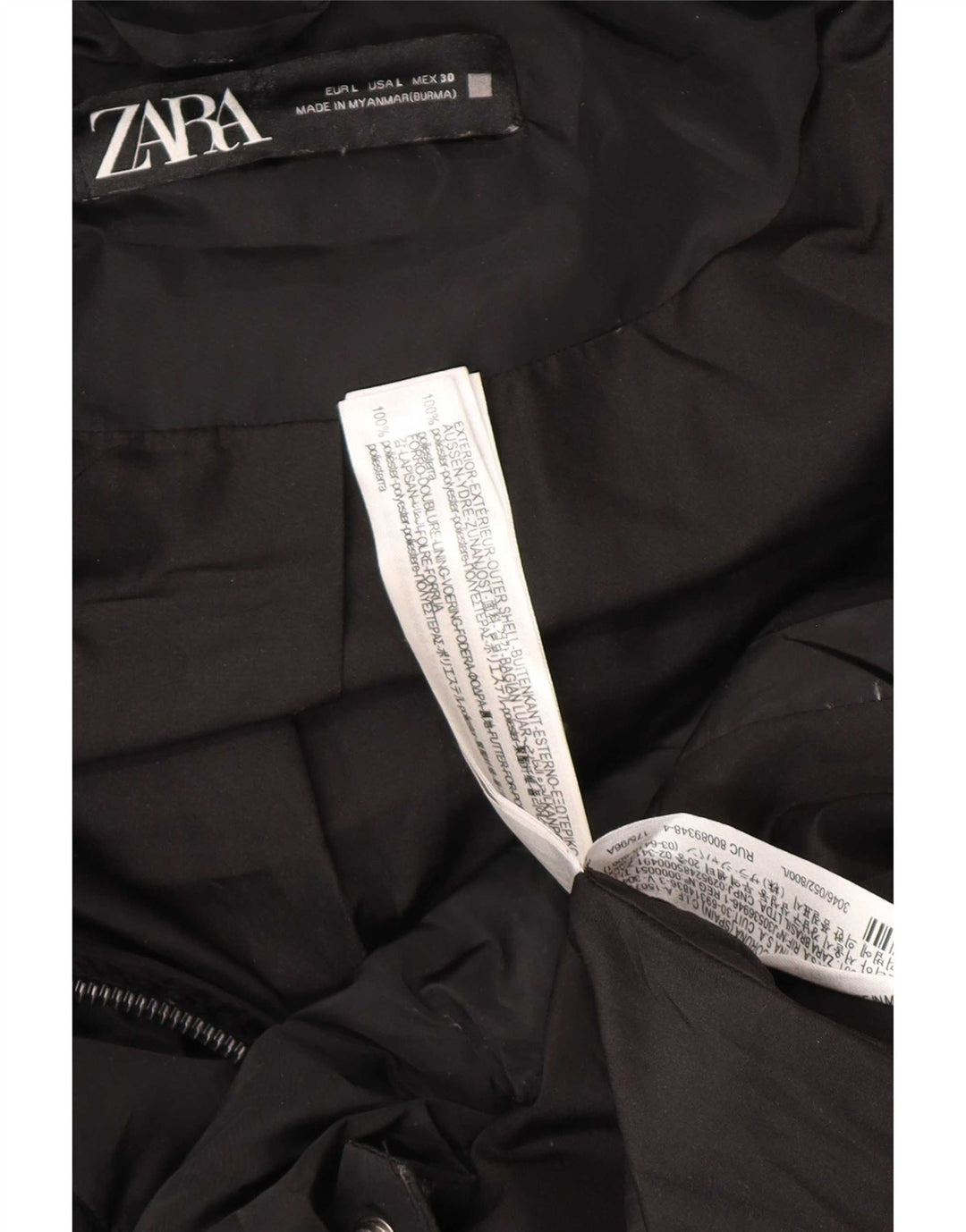 Casaco acolchoado com capuz feminino Zara UK 16 grande poliéster preto