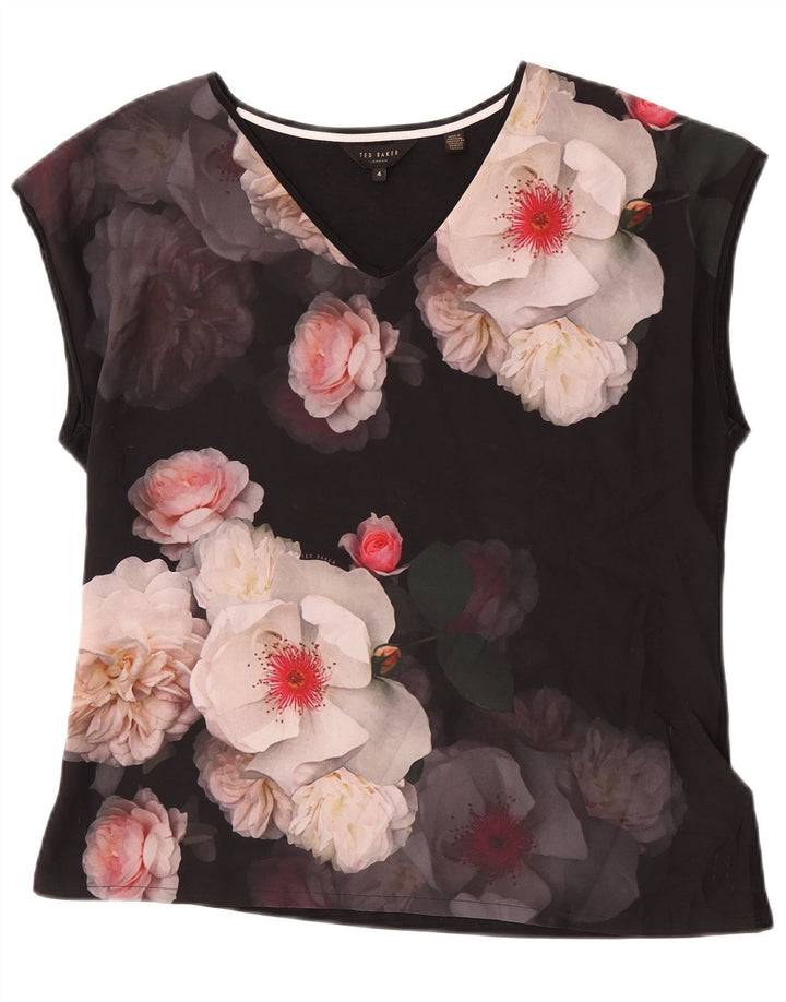 Blusa feminina Ted Baker tamanho superior 4 grande poliéster floral preto