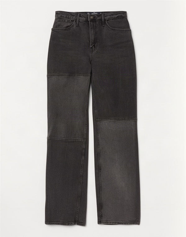 Hollister feminino vintage reto jeans US 00 2XS W23 L33 cinza colorblock