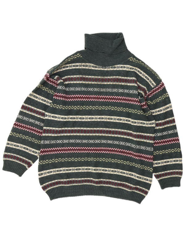 Suéter masculino vintage com gola redonda grande verde Fair Isle