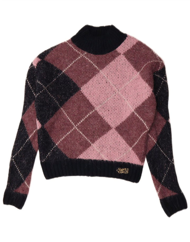 Suéter feminino Superdry com gola tartaruga Reino Unido 10 pequeno rosa argyle/diamante