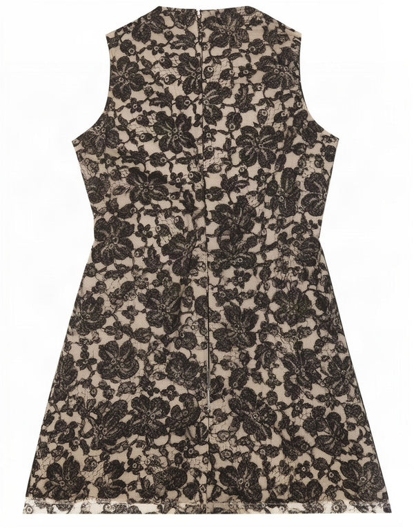 Vestido feminino vintage sem mangas com renda evasê UK 14 médio preto floral