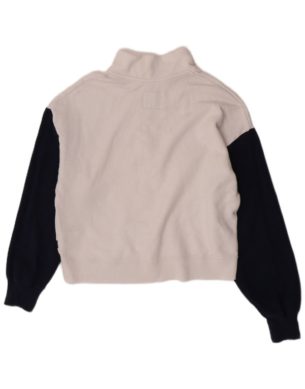 Suéter feminino Hollister com zíper e gola UK 14 bloco colorido branco médio