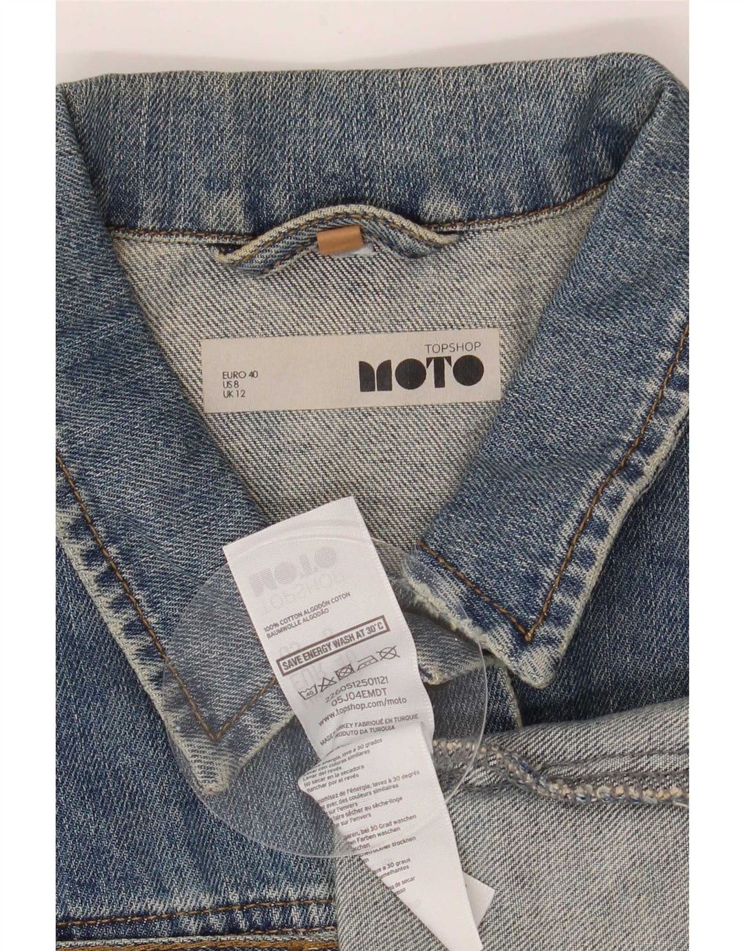 Jaqueta jeans feminina Moto UK 12 algodão azul médio