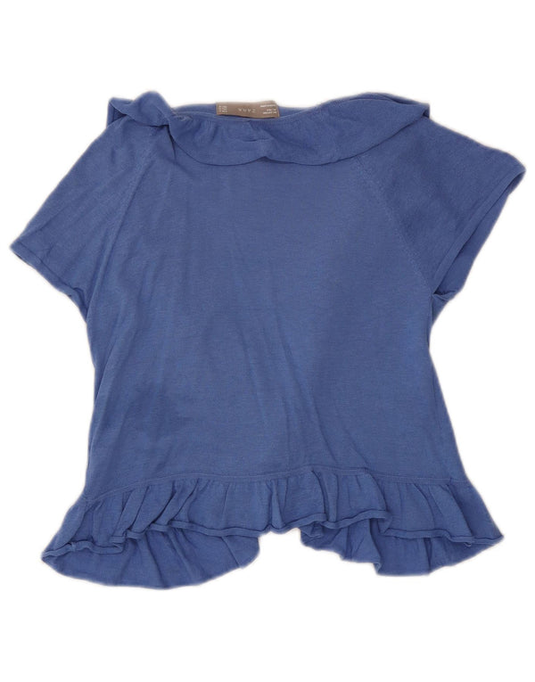 Cardigan feminino Zara manga curta com babado frontal Reino Unido 12 algodão azul médio