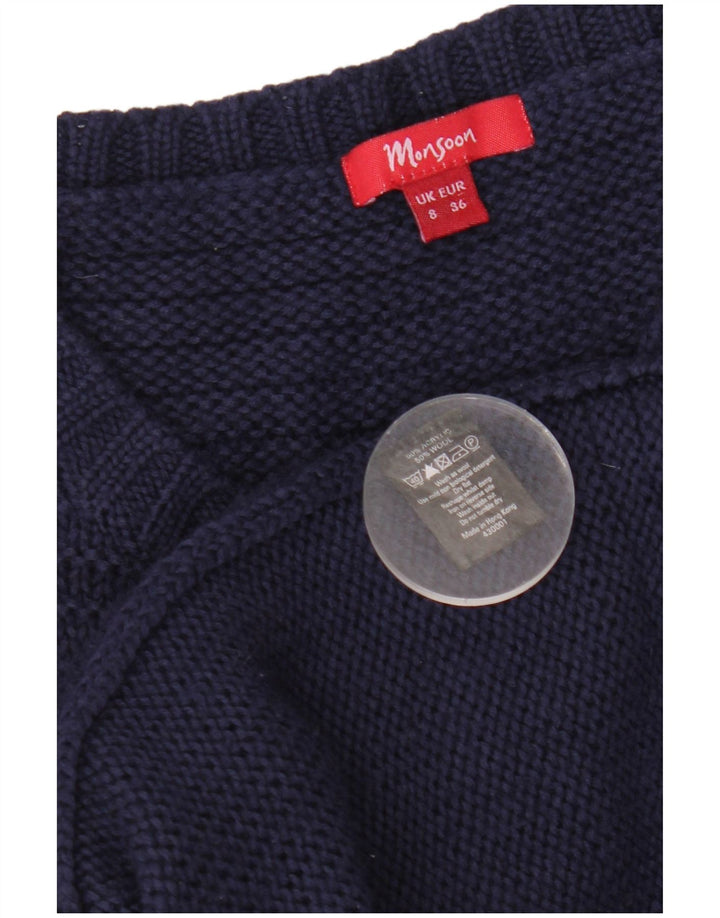 Suéter feminino MONSOON Longline Cardigan Reino Unido 8 pequeno azul marinho acrílico