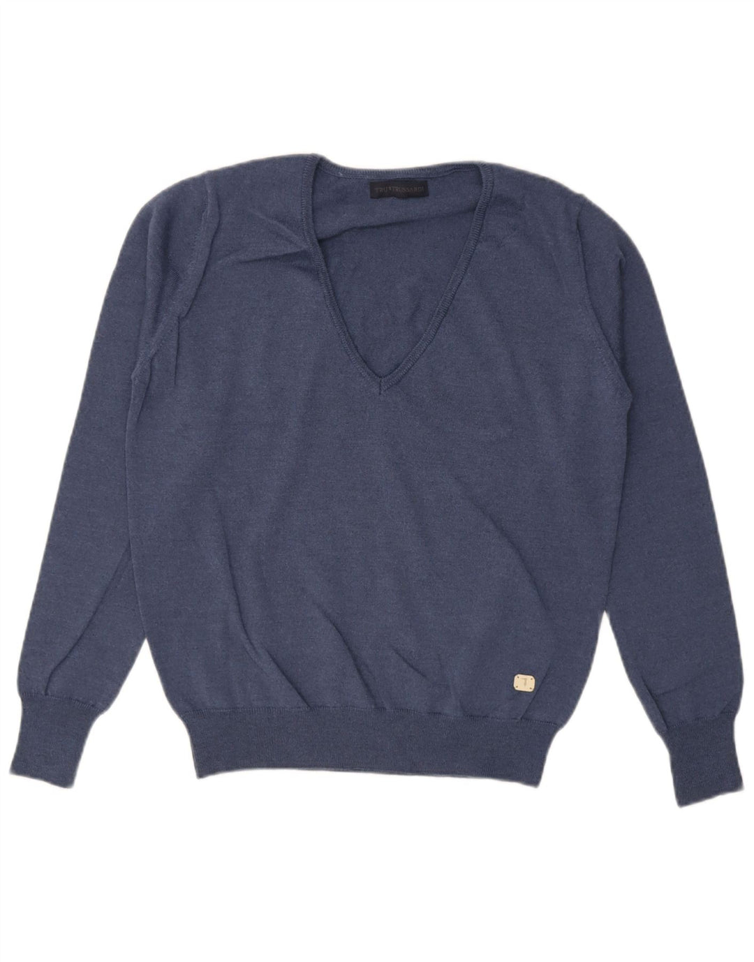 Suéter masculino Trussardi com decote em V, lã virgem azul marinho médio