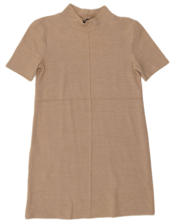 Zara Vestido feminino de mangas curtas, Reino Unido 10 Pequeno Bege