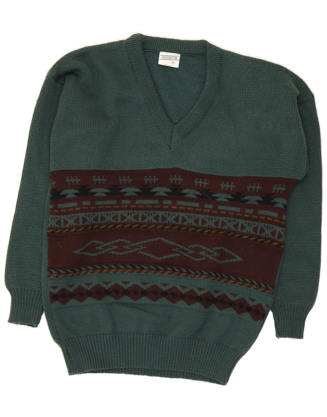 VINTAGE Mens V-Neck Jumper Sweater Medium Green Geometric Acrylic Vintage Vintage and Second-Hand Vintage from Messina Hembry 