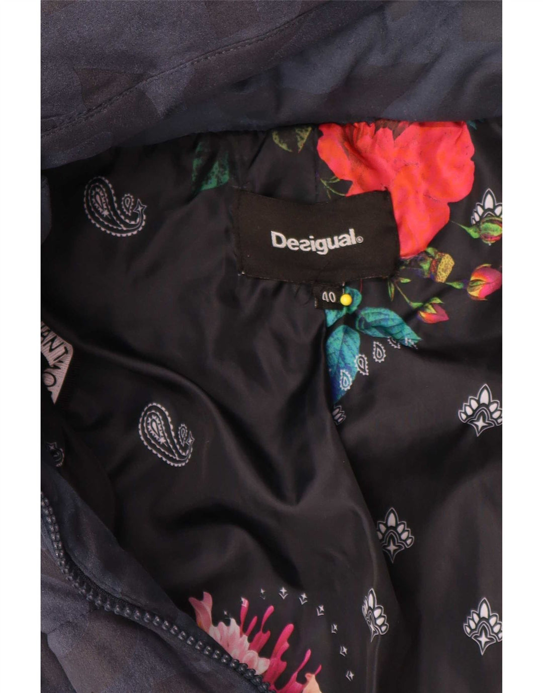Casaco acolchoado com capuz gráfico feminino Desigual EU 40 médio azul marinho poliéster