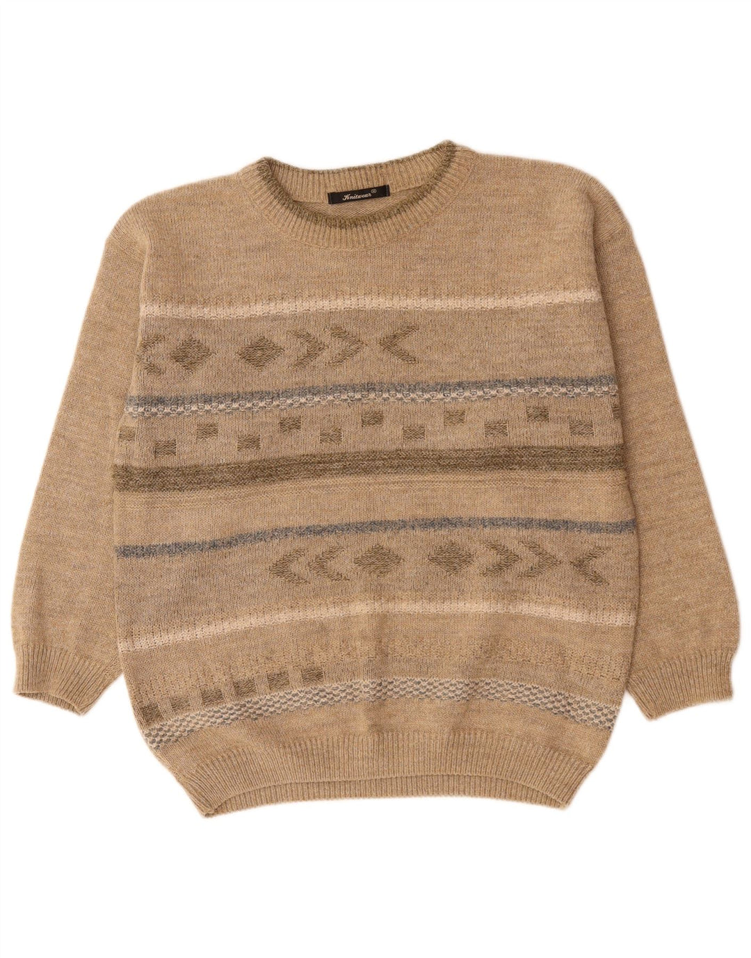 Suéter vintage masculino com gola redonda, bege médio, acrílico Fair Isle