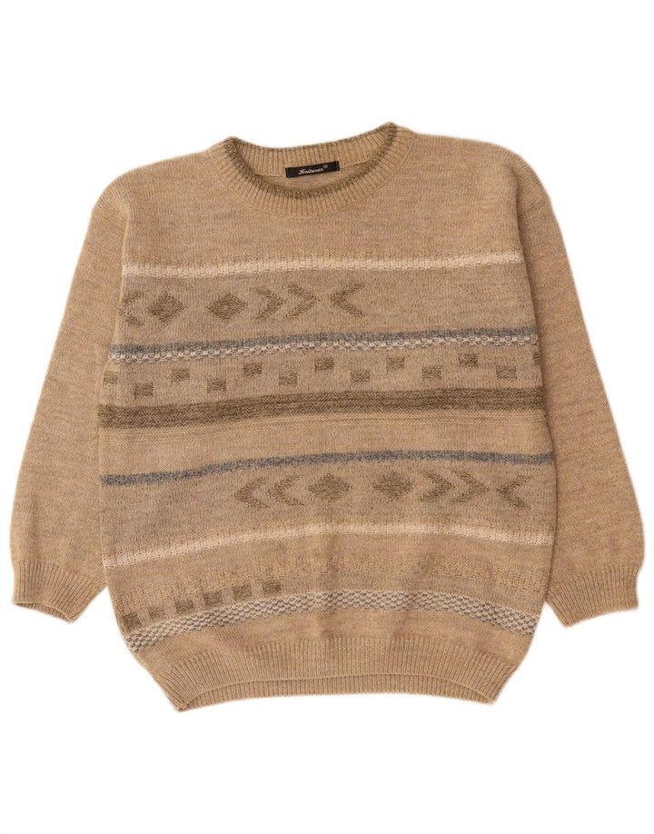 Suéter vintage masculino com gola redonda, bege médio, acrílico Fair Isle