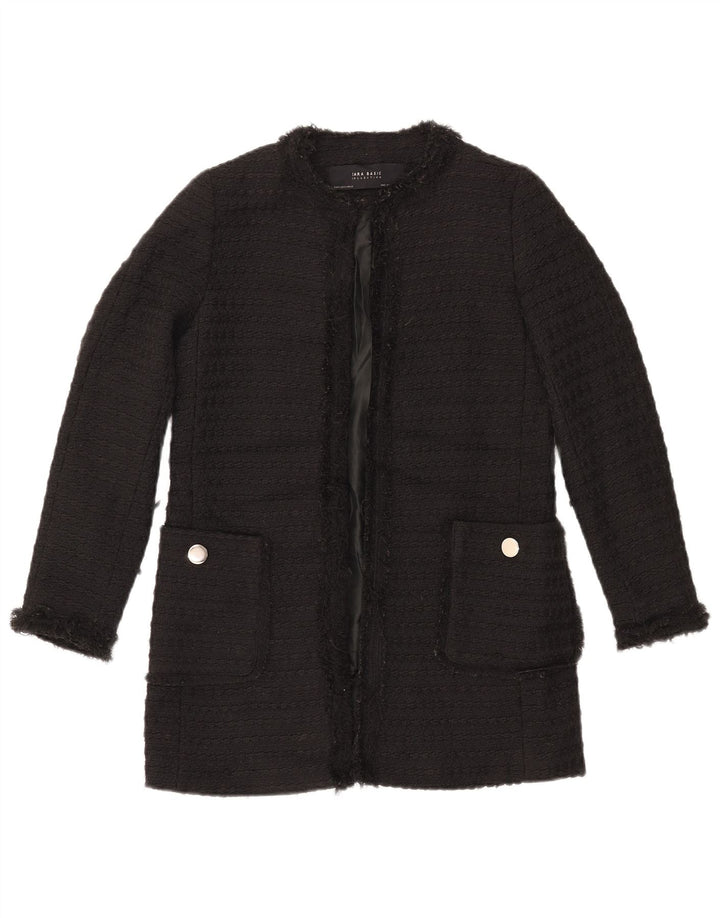 ZARA Womens Longline Open Blazer Jacket UK 10 Pequeno Poliéster Preto