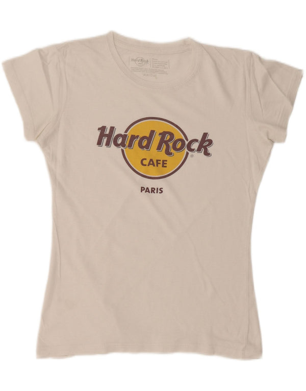 Camiseta feminina HARD ROCK CAFE Paris com estampa gráfica Reino Unido 10 algodão branco pequeno