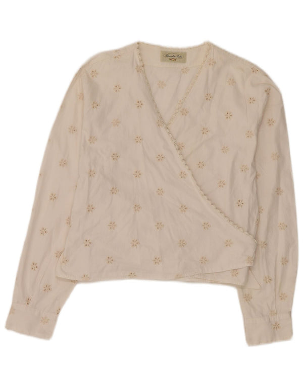 Blusa feminina vintage manga comprida envolvente IT 46 grande algodão floral branco