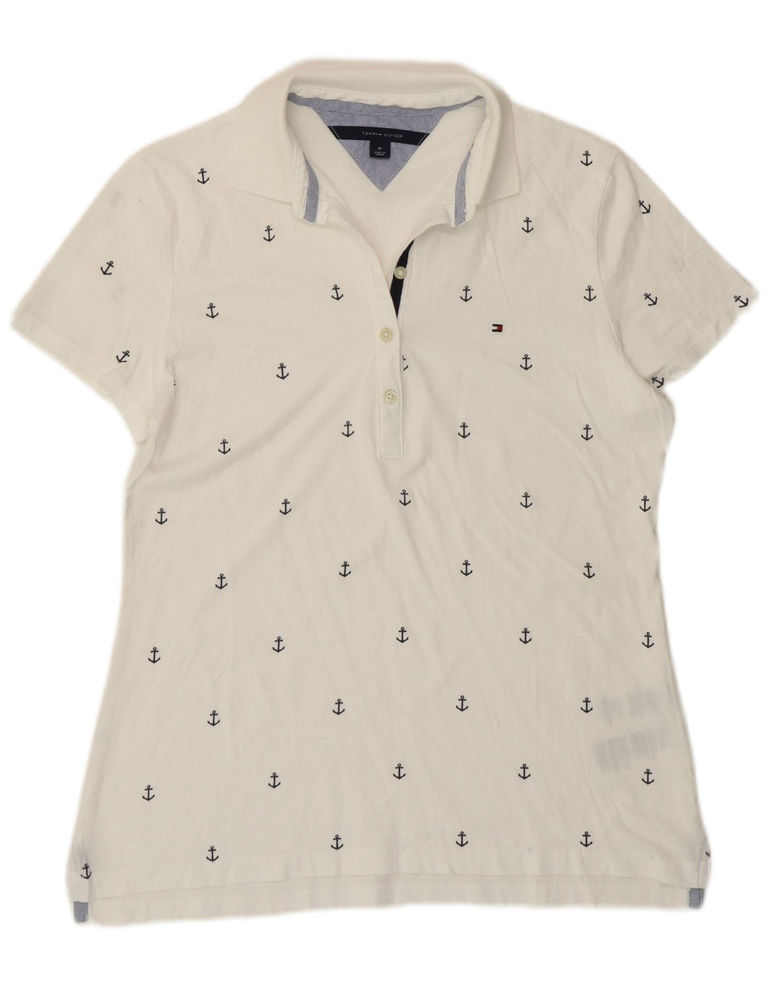 Camisa polo feminina Tommy Hilfiger UK 12 médio branco manchado algodão náutico