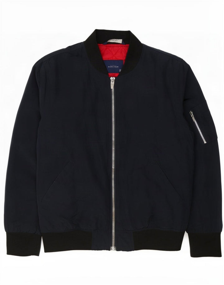 Zara Mens Bomber Jacket UK 40 Grande Poliéster Colourblock Azul Marinho