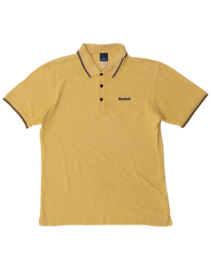 Camisa polo masculina Reebok pequena listrada amarela de algodão